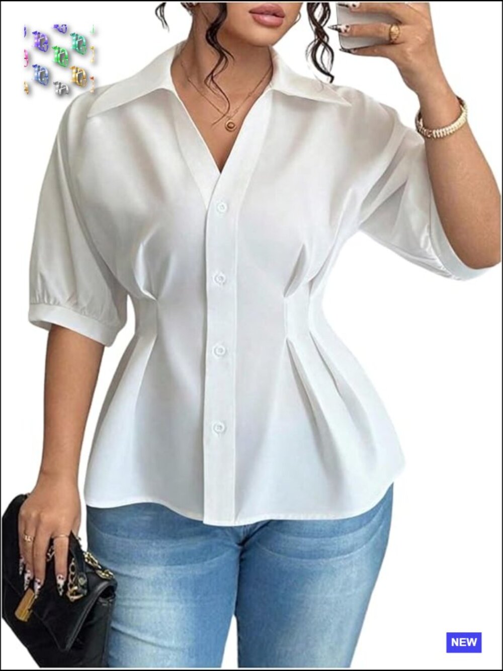 Button Down Blouse Puff Half Sleeve Peplum Casual Work Top Plus Size